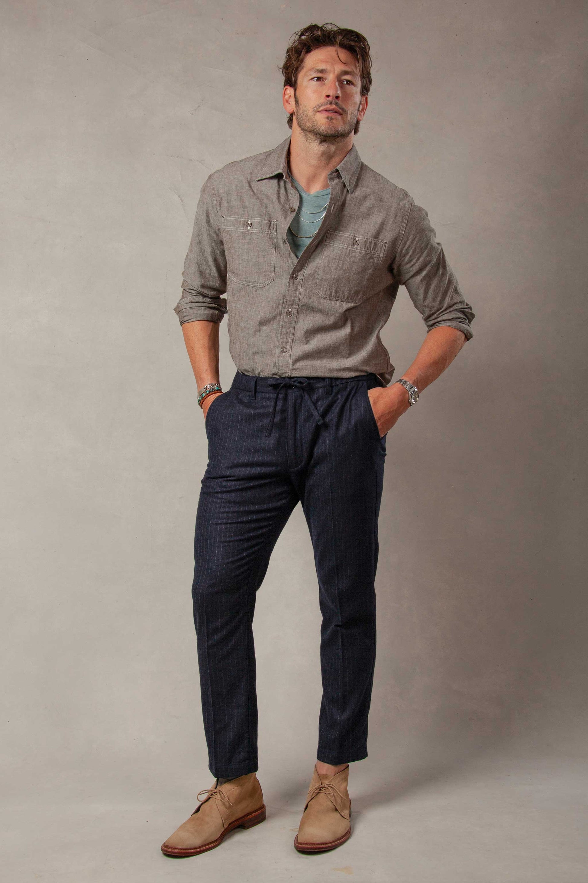 Rivay Chiltern Wool Cashmere Trouser in Navy Chalkstripe