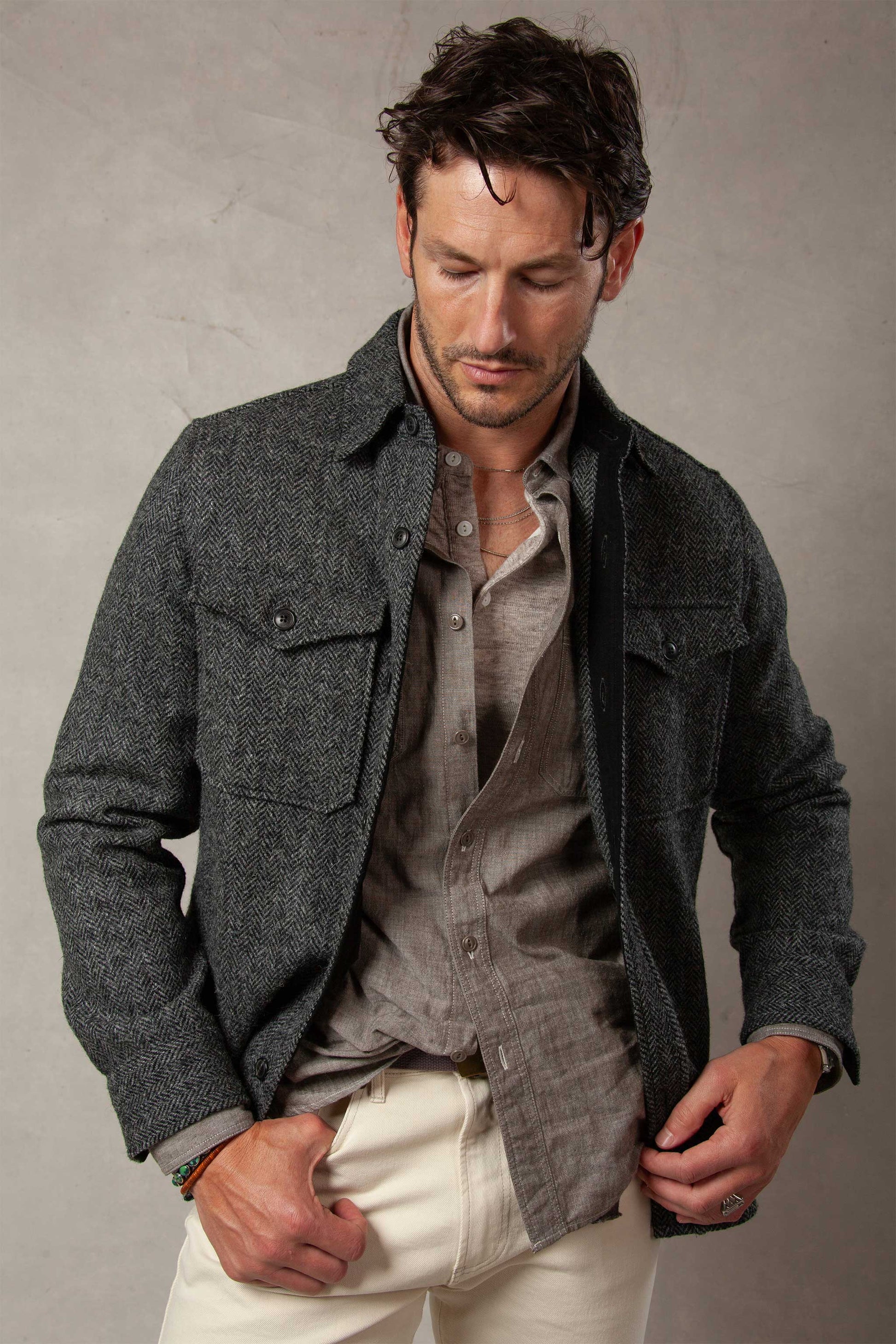 Rivay Harris Tweed Wool CPO Shirt Jacket in Charcoal Herringbone