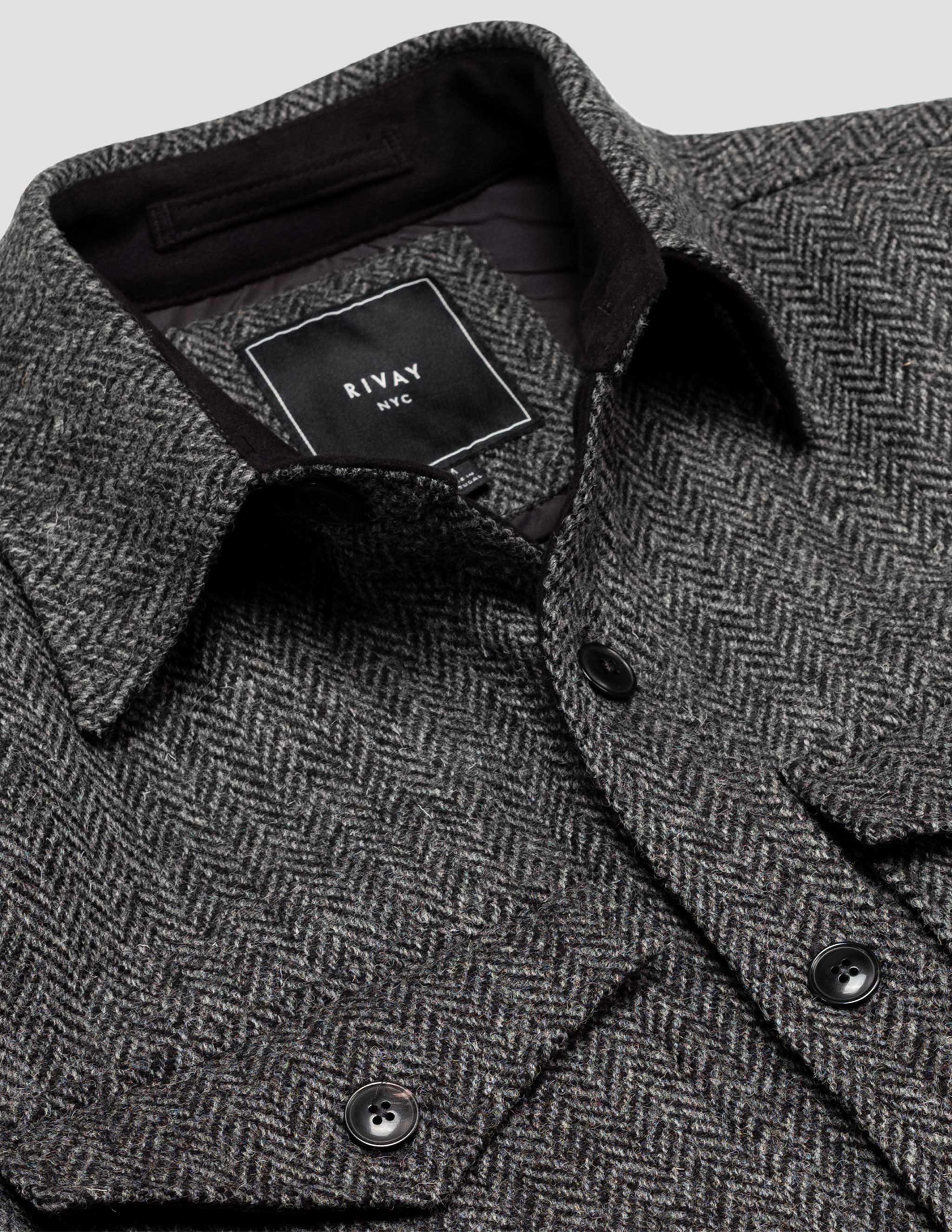 Harris Tweed Wool CPO Shirt Jacket in Charcoal Herringbone