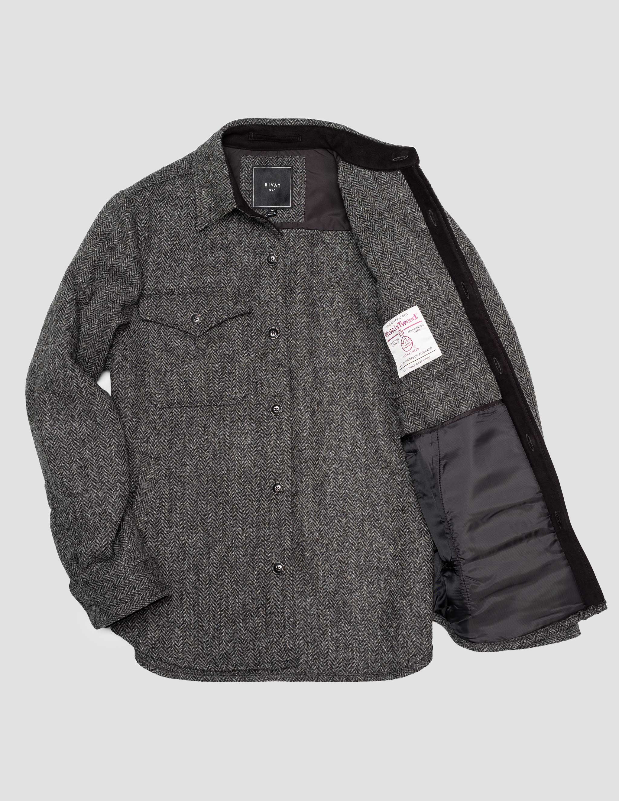 Harris Tweed Wool CPO Shirt Jacket in Charcoal Herringbone