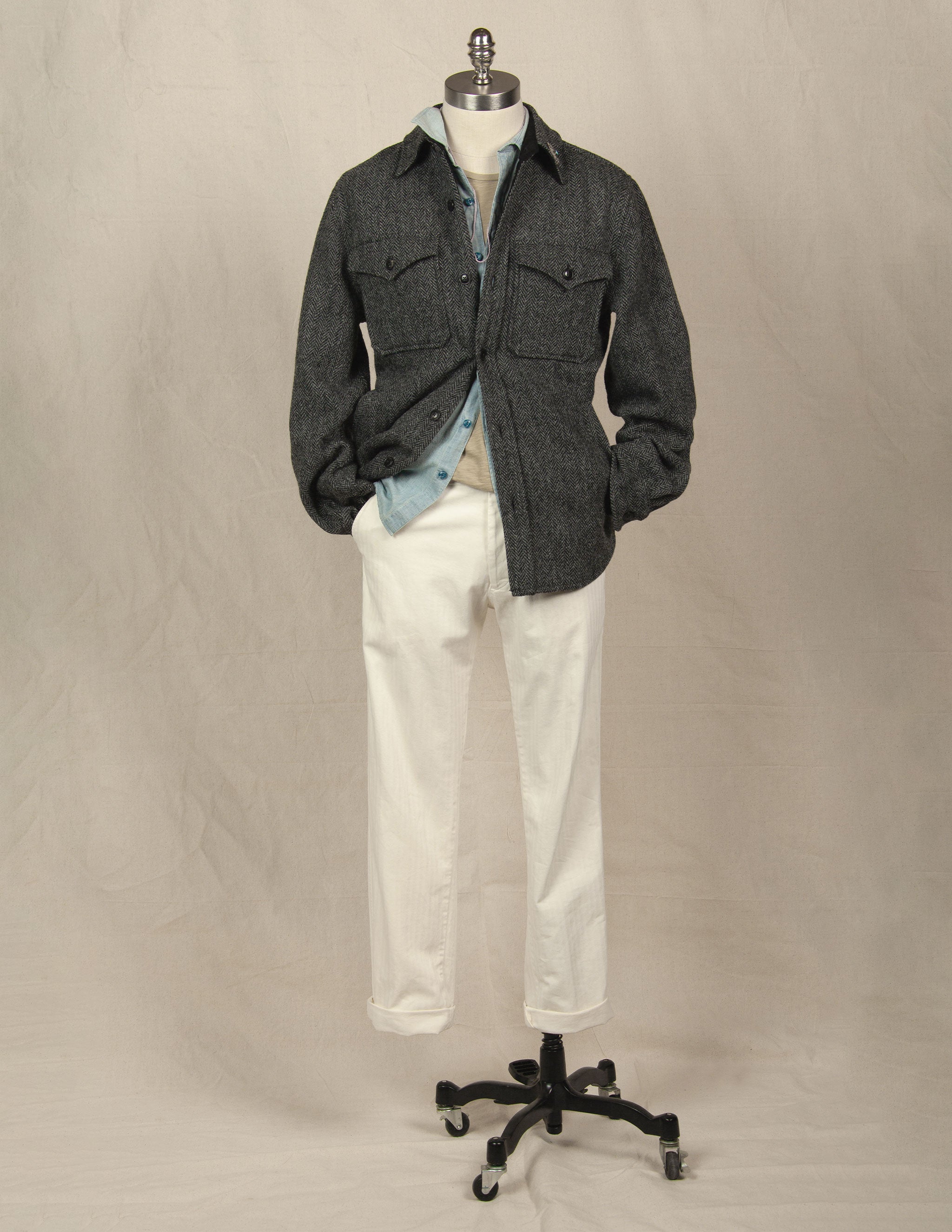 Harris Tweed Wool CPO Shirt Jacket in Charcoal Herringbone