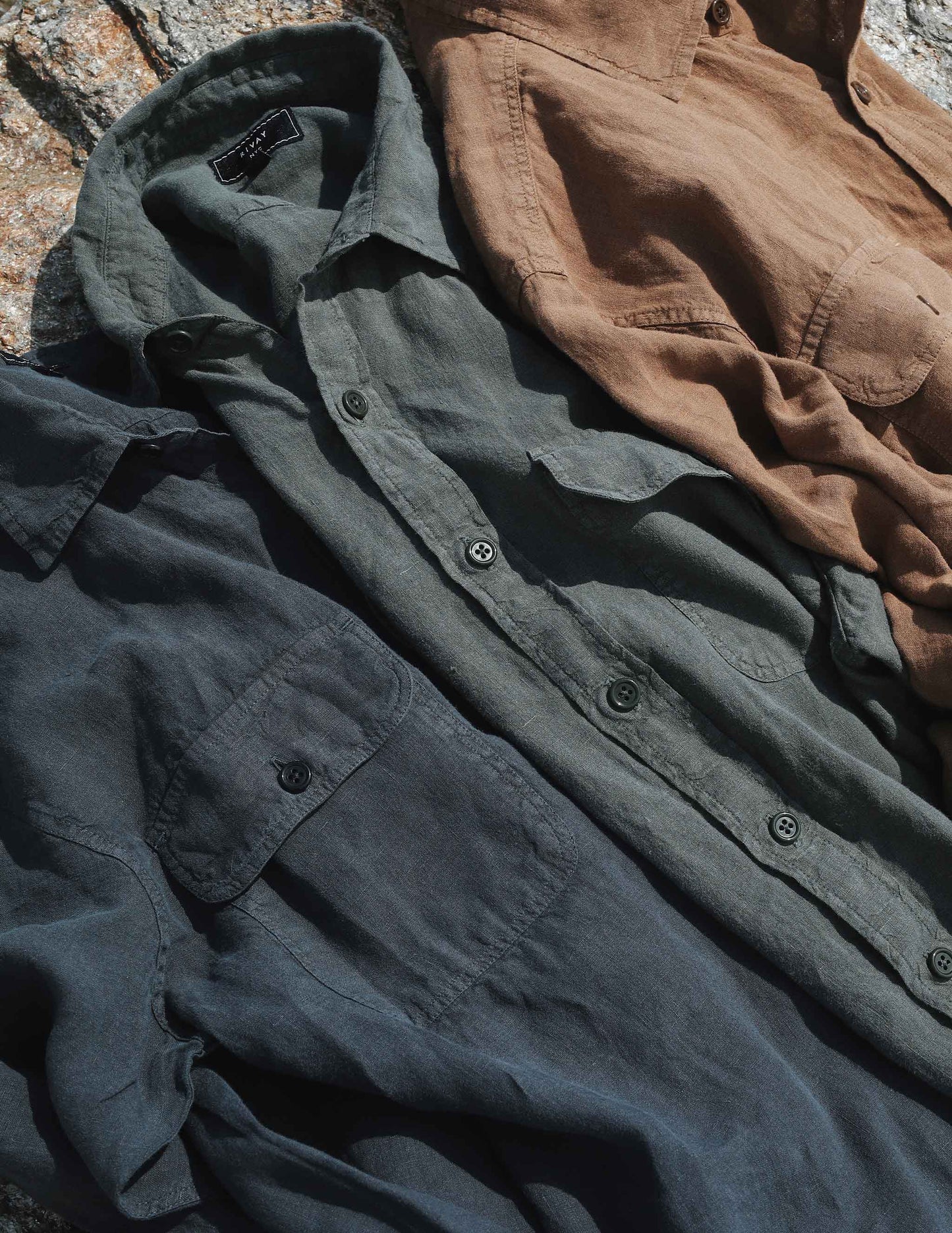 Rivay Hayes Garment Dyed Linen Camp Shirt in Weathered Black