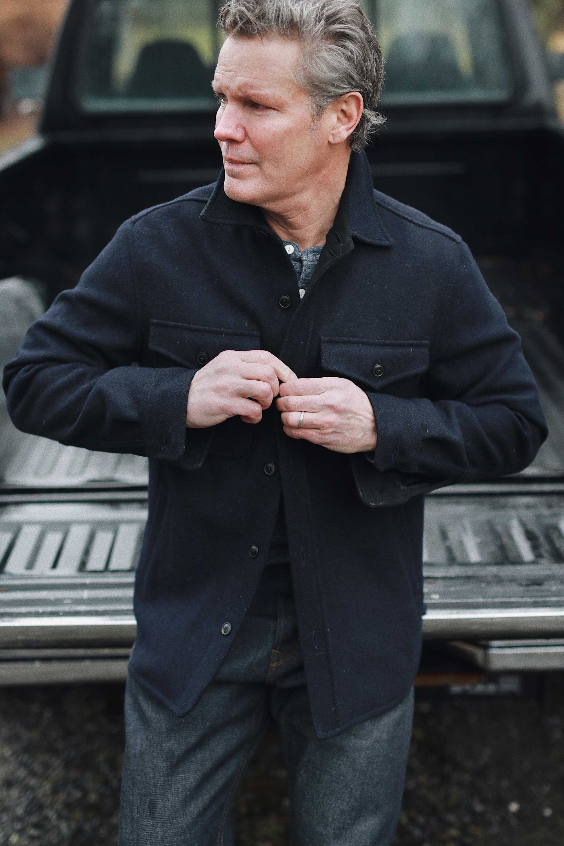 Rivay Harris Tweed Wool CPO Shirt Jacket in Navy