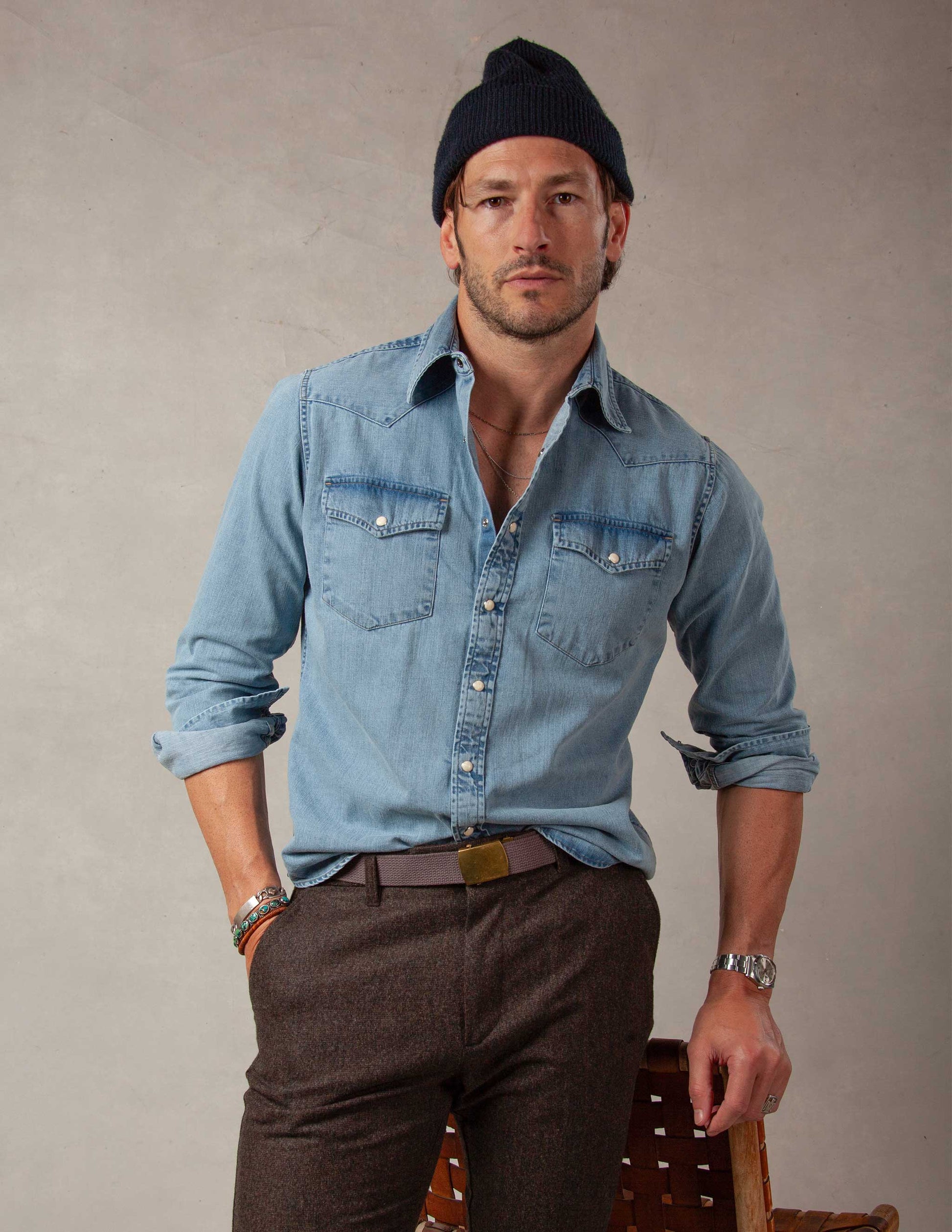 Wayne Denim Western Shirt in Light Wash