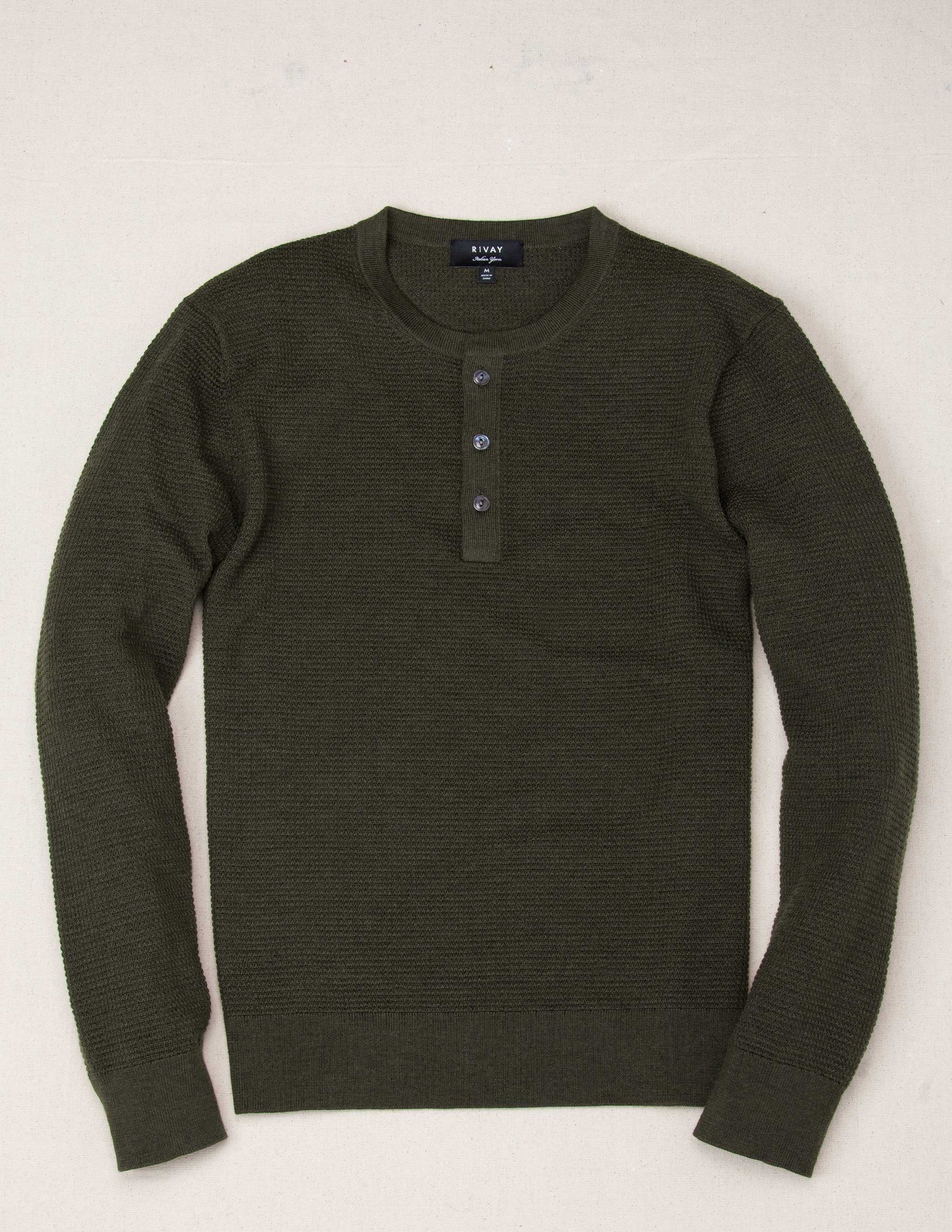 Rivay Merino Waffle Henley in Dark Olive