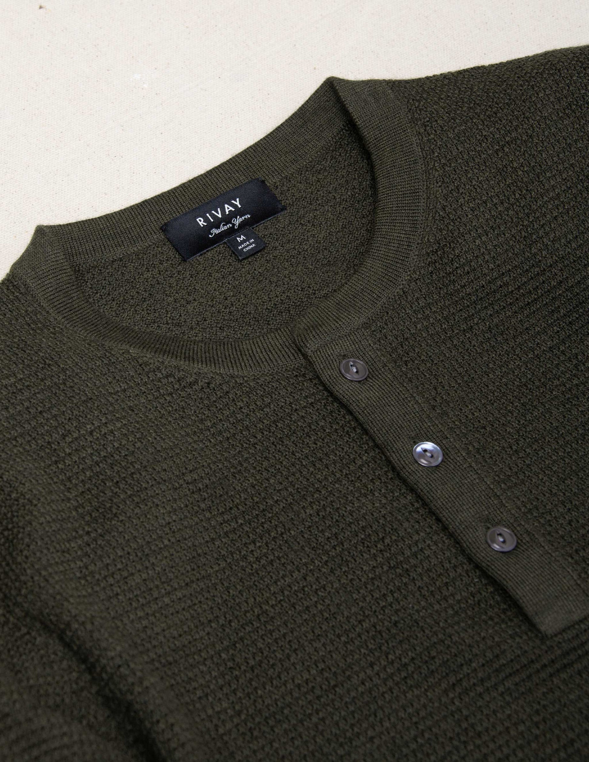 Rivay Merino Waffle Henley in Dark Olive